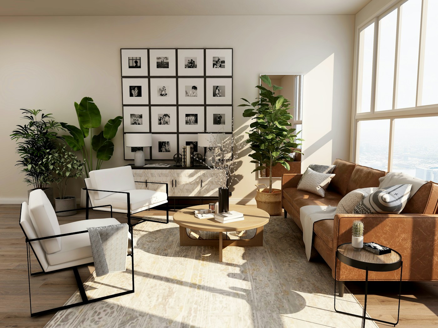 Sunlit living room with large windows